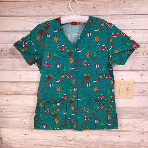 Dickies Christmas scrub top. No tag but fits like a small